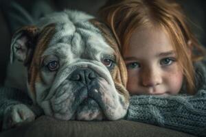 A little girl and a bulldog laying on a couch photo