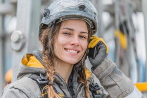 Portrait of a female oilfield worker on the phone photo