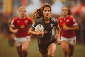 A female rugby player runs with the ball photo