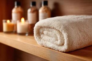 A towel on a shelf with candles and bottles photo