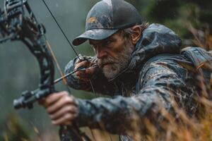 A man with a beard and hat is aiming a bow photo