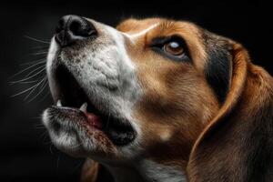 A beagle dog is looking up at something photo