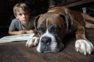 A boy laying on the floor next to a dog photo