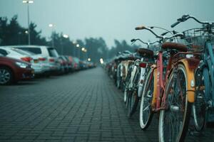 A row of parked bicycles photo