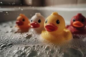 Four rubber ducks in a bathtub photo