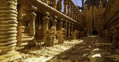 CGI Exploring an ancient temple corridor with intricate carvings and sculptures video
