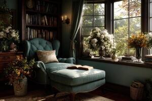 A room with a blue chair and bookshelf photo