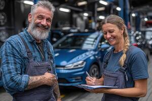 A man and woman in overalls are standing in front of a car photo