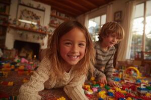 Two children playing with legos in a room photo