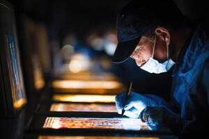 A man in a blue shirt and blue hat is working on a stained glass window photo