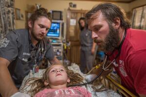 A man with a stethoscope examining a young girl photo