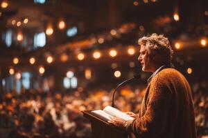 A man is speaking at a podium in front of a crowd photo