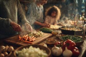 A family cooking together in the kitchen photo