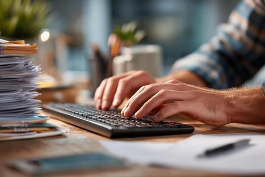 A person typing on a keyboard while sitting at a desk photo