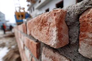 A close up of a brick wall with a construction worker photo