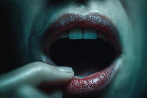 A person with their mouth open and teeth showing photo