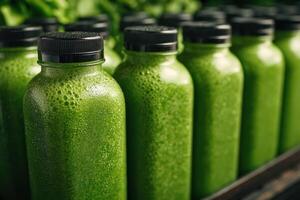 Green juice bottles in a row photo
