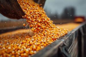 A close up of corn being poured into a bucket photo