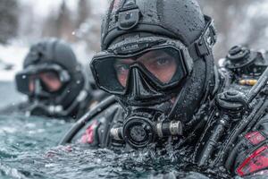 Two scuba divers in the water wearing scuba gear photo