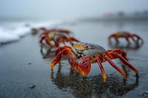 A group of crabs walking on the beach photo