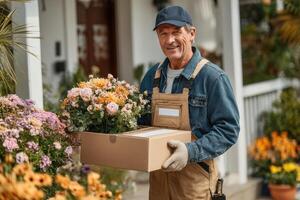 A smiling man holding a box of flowers photo