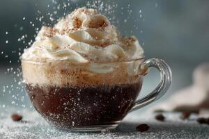 A cup of coffee with whipped cream and coffee beans photo