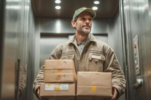 A man in a hat and jacket holding packages in an elevator photo