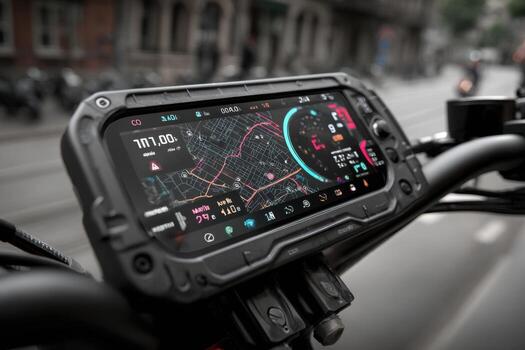 A motorcycle with a gps screen on the handlebar photo
