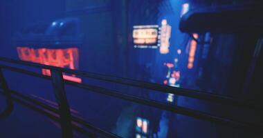 CGI Exploring an urban alley with neon lights during a foggy night video