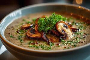 A bowl of soup with mushrooms and herbs photo
