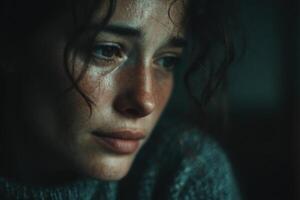 A woman with dark hair and a sad expression photo