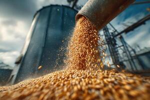 Wheat is being poured into a grain bin photo