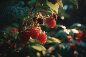 Raspberries on a bush in the sun photo