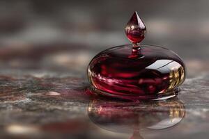 A red liquid drop sitting on top of a marble surface photo