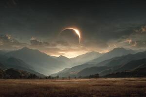 An eclipse is seen over a mountain range photo