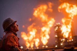 A man in an orange safety jacket and hard hat looking at a large fire photo