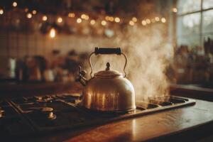 A kettle on a stove with steam coming out of it photo