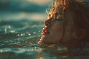 A woman is floating in the ocean with her eyes closed photo