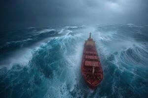 A red cargo ship in rough seas photo