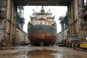 A ship is in a dry dock in a large industrial area photo