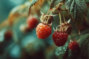Raspberries on a branch photo