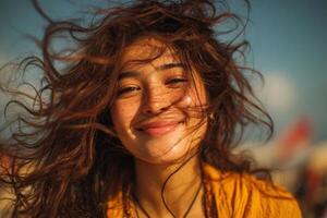 A woman with long hair smiling in the wind photo