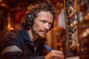A man wearing headphones and headphones working on a computer photo
