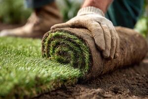 A man is rolling a roll of artificial grass photo