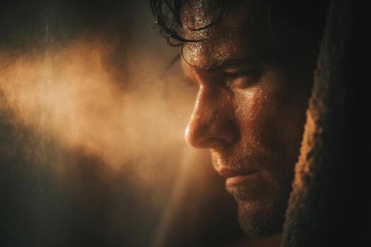 A man is covered in steam and looking out the window photo