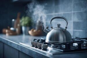 A silver kettle on a stove top photo