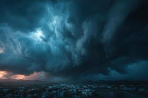 A storm is seen over a city at sunset photo
