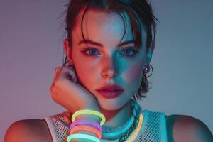A woman with neon bracelets on her hands photo