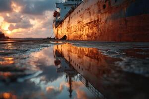 A ship is reflected in the water at sunset photo