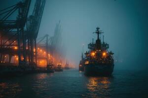 A ship in the fog at night with lights on photo